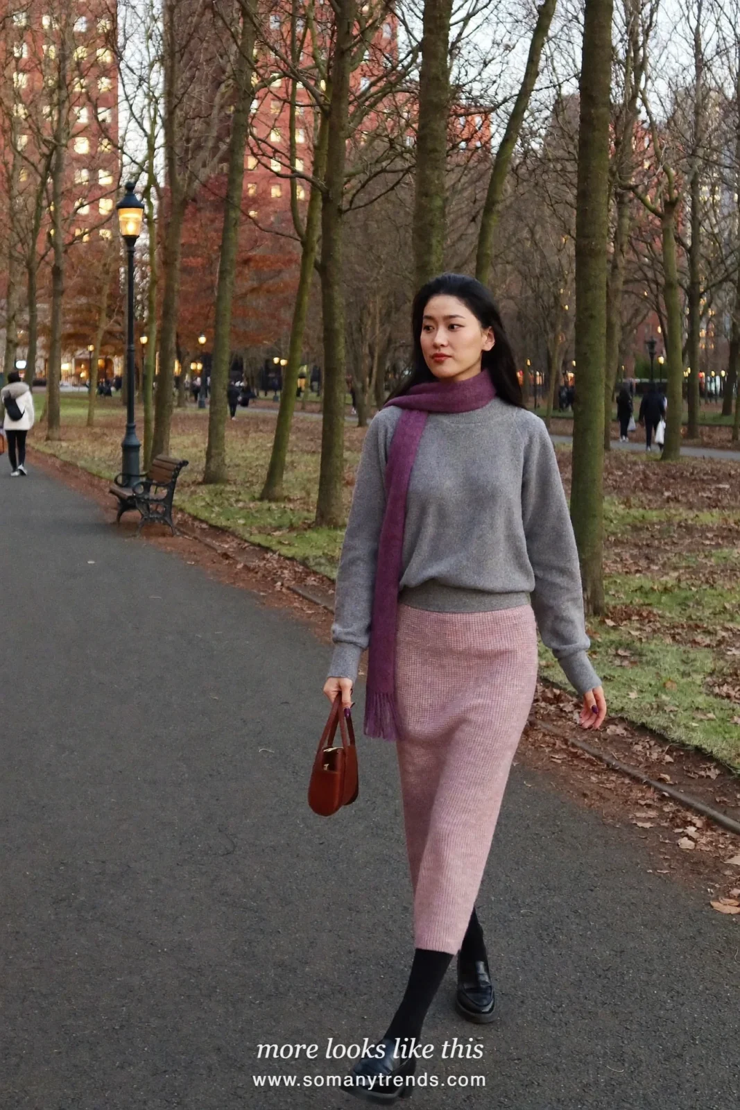 Look 11: blush knit midi skirt, gray turtleneck, plum scarf, sheer black tights and black loafers