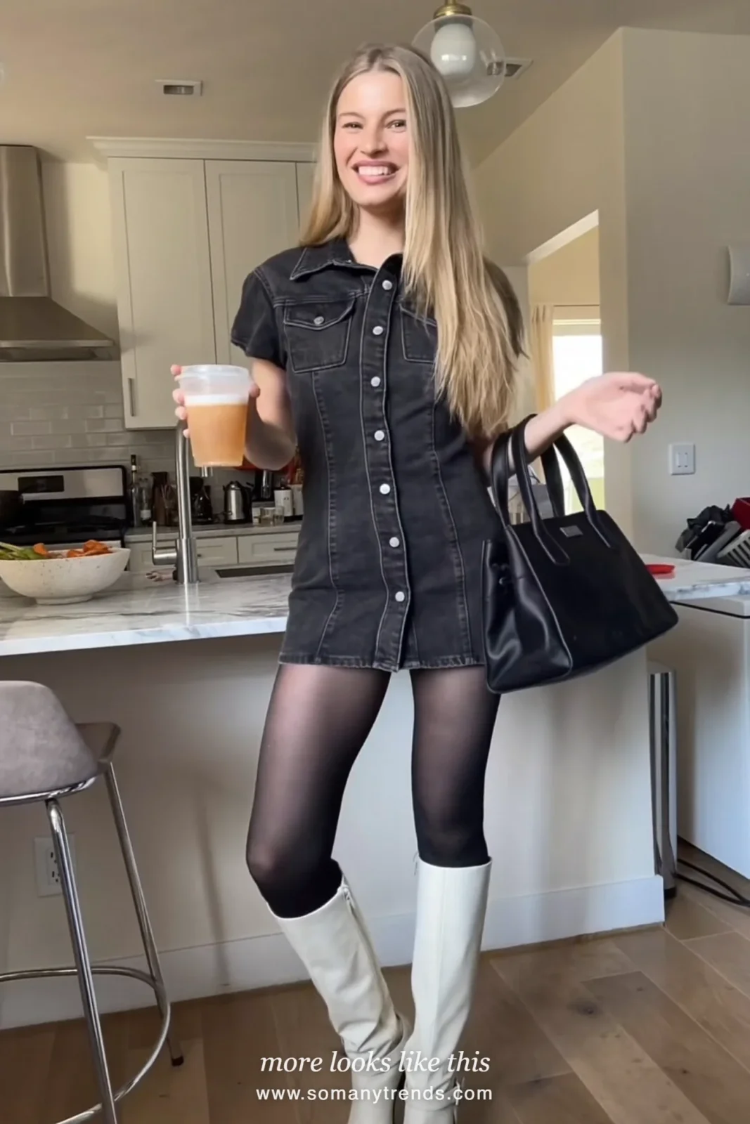 Woman in a black denim mini dress, sheer black tights and white knee-high boots, house party outfit 11