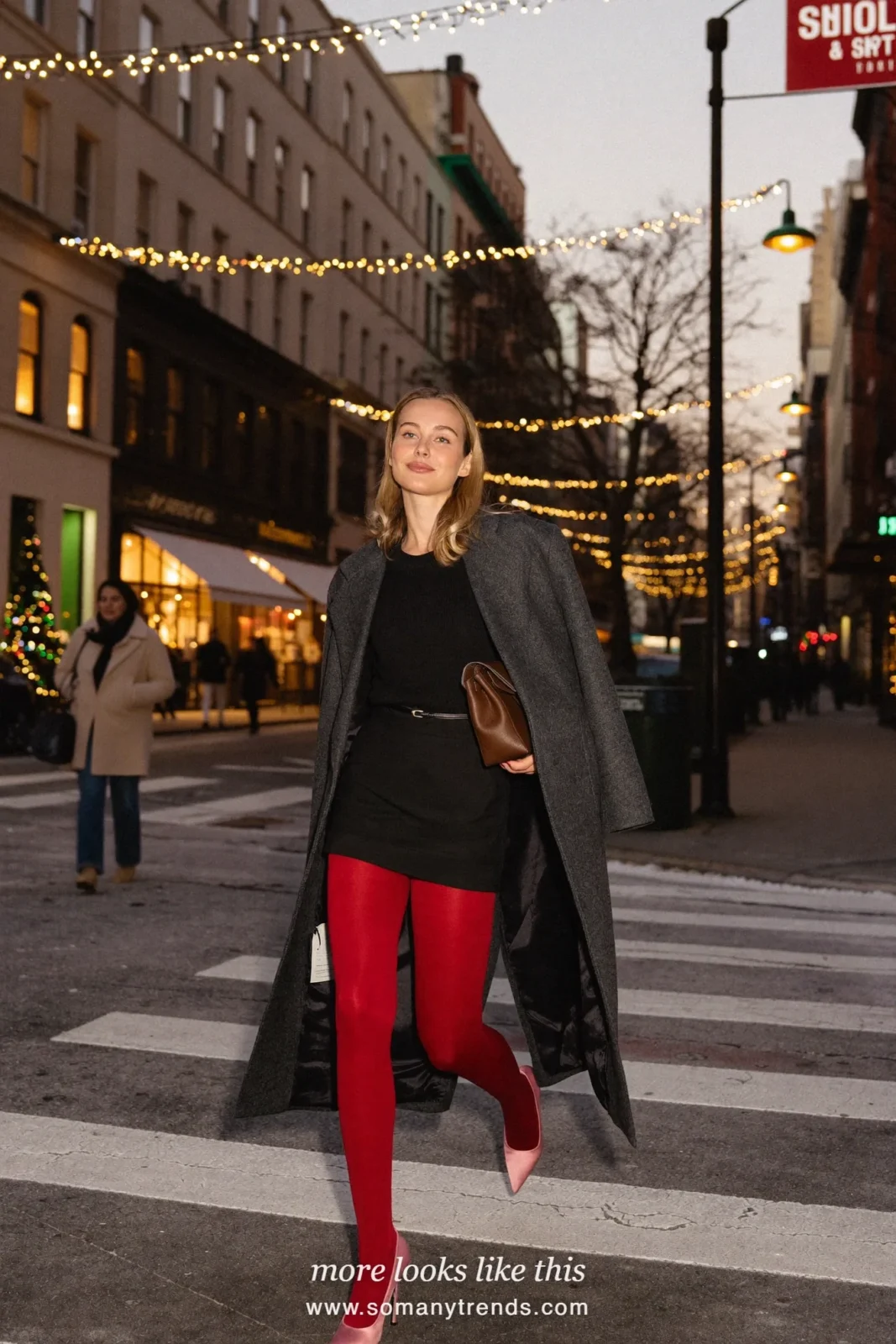Woman in a long charcoal coat, black knit top and skirt, sheer red tights and pink satin pumps, outfit 11