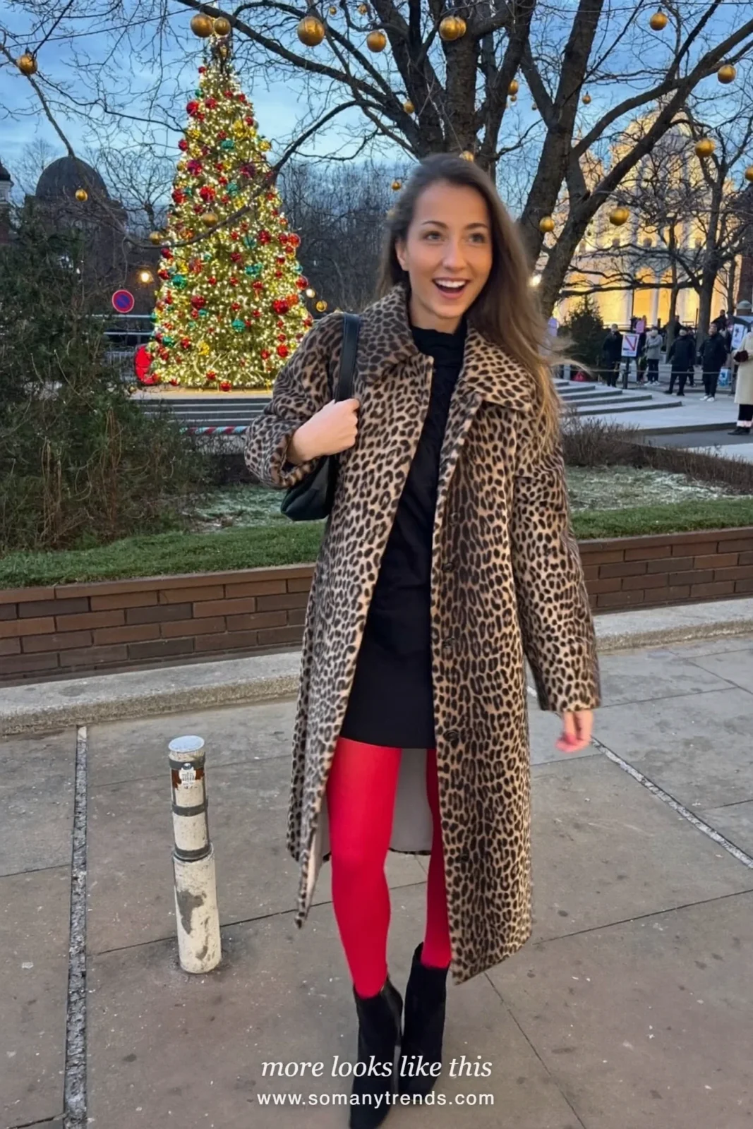 Woman in a long leopard print coat, black dress, sheer red tights and black ankle boots, outfit 23