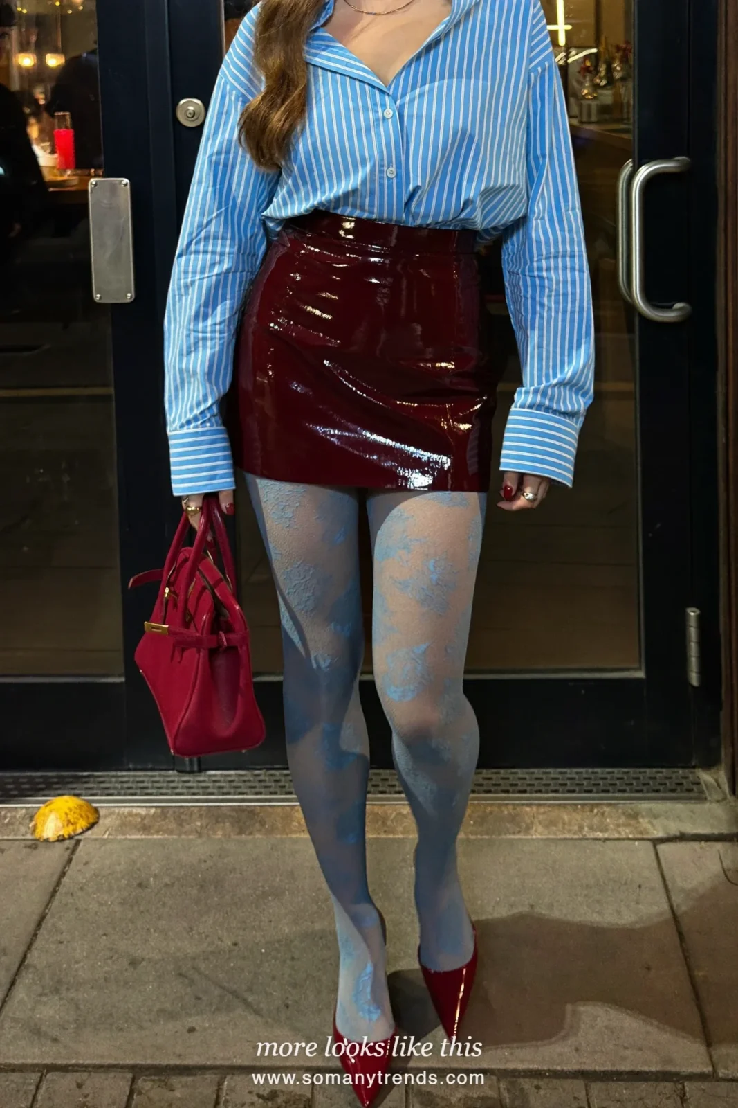 Woman in a blue striped oversized shirt, a burgundy patent mini skirt, baby blue lace tights and burgundy pointed pumps, outfit 11