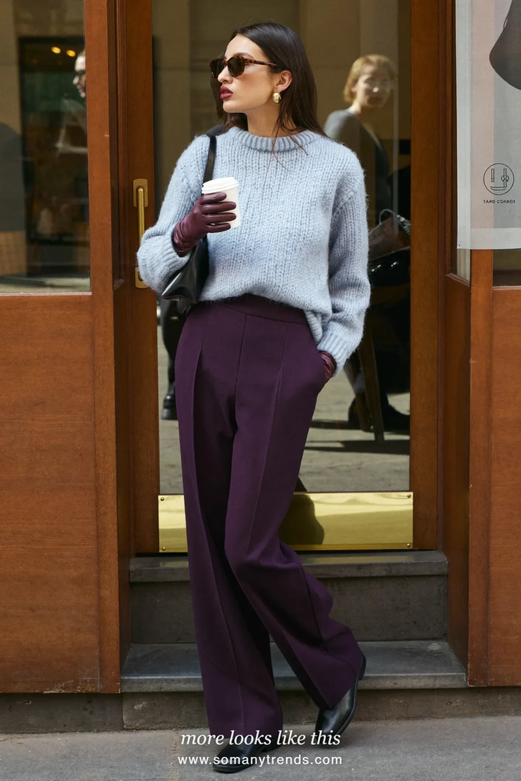 Light blue chunky sweater, plum wide wool pants, plum leather gloves and black ankle boots, outfit 1