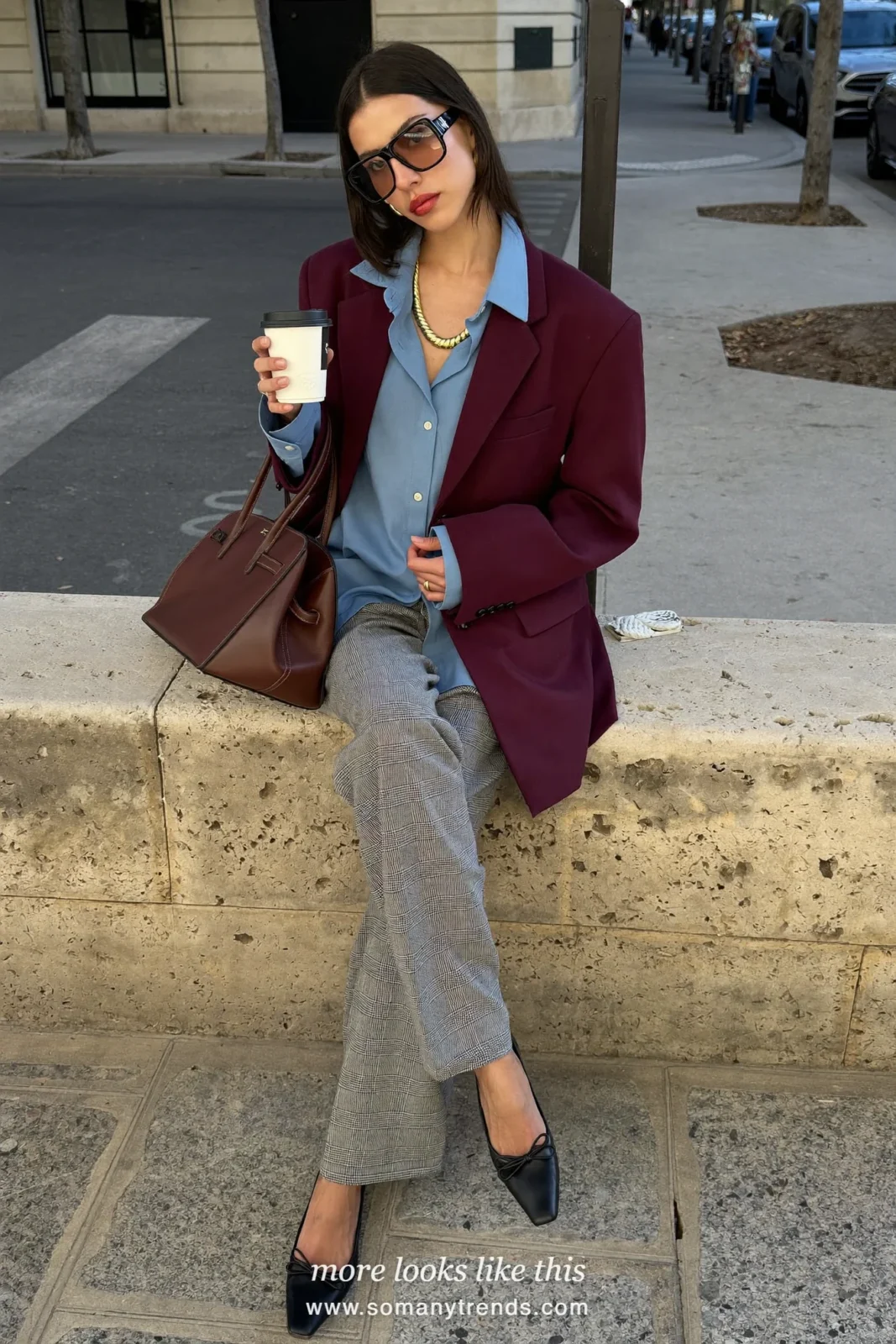 Plum oversized blazer, light blue poplin shirt, gray flannel wide-leg pants and black pointed flats, outfit 2