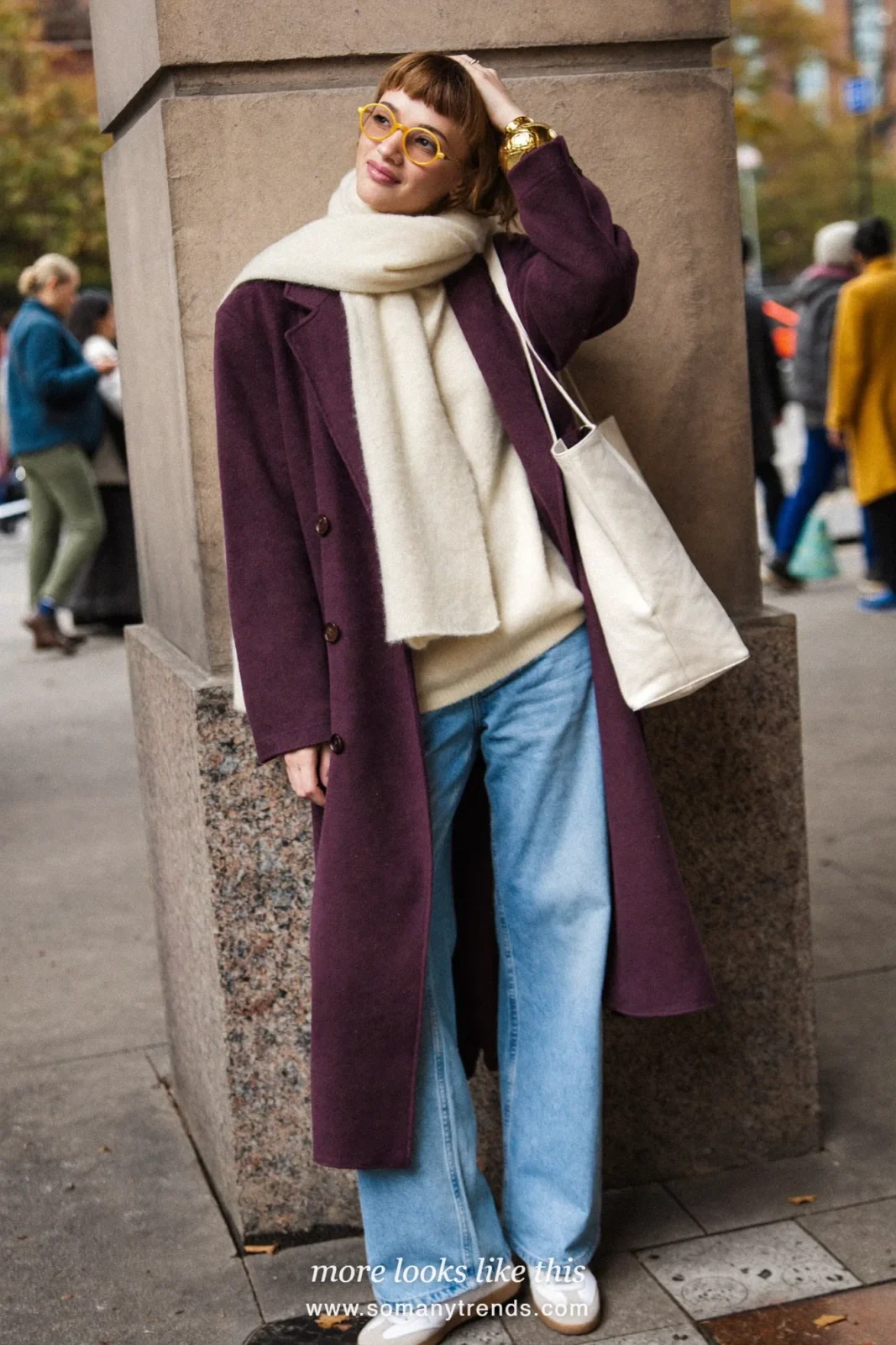 Long plum wool coat, light blue straight jeans, cream scarf and white sneakers, outfit 4
