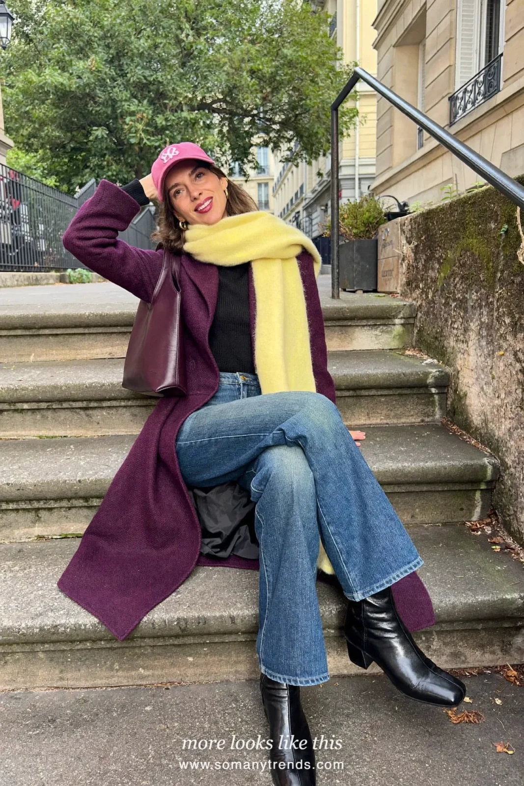 Long plum wool coat, butter yellow scarf, straight jeans, plum leather tote and black boots, outfit 5