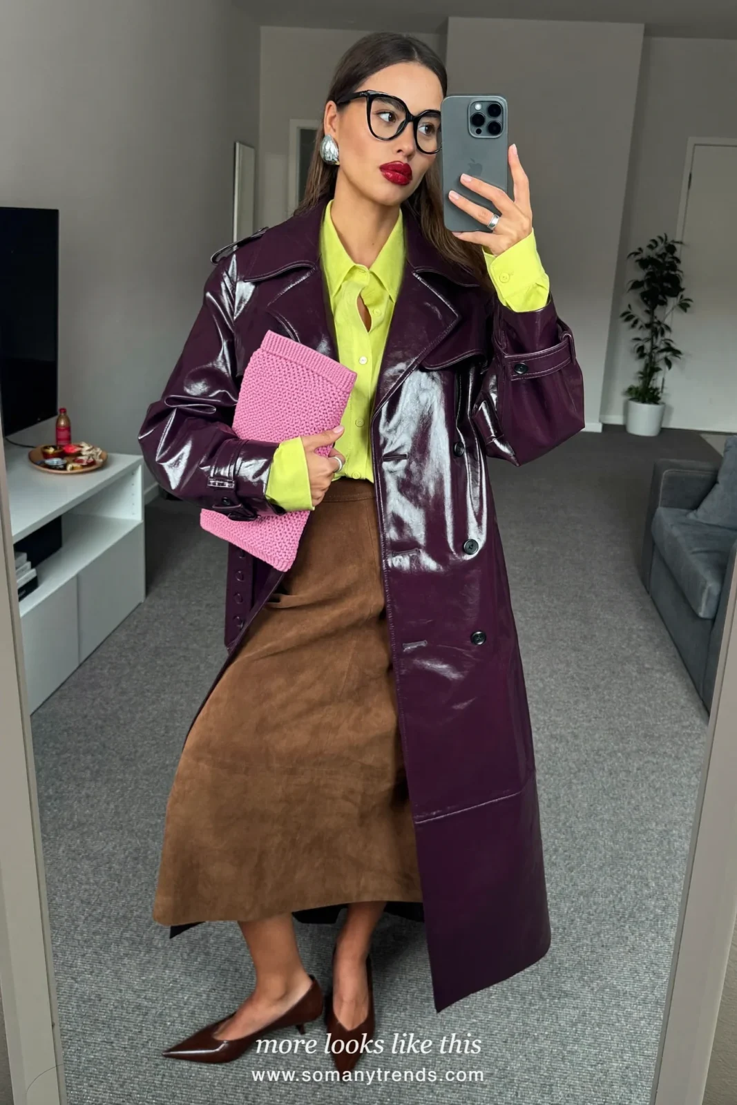 Deep plum patent leather trench, lime-yellow shirt, brown suede midi skirt, pink knit clutch and pumps, outfit 6