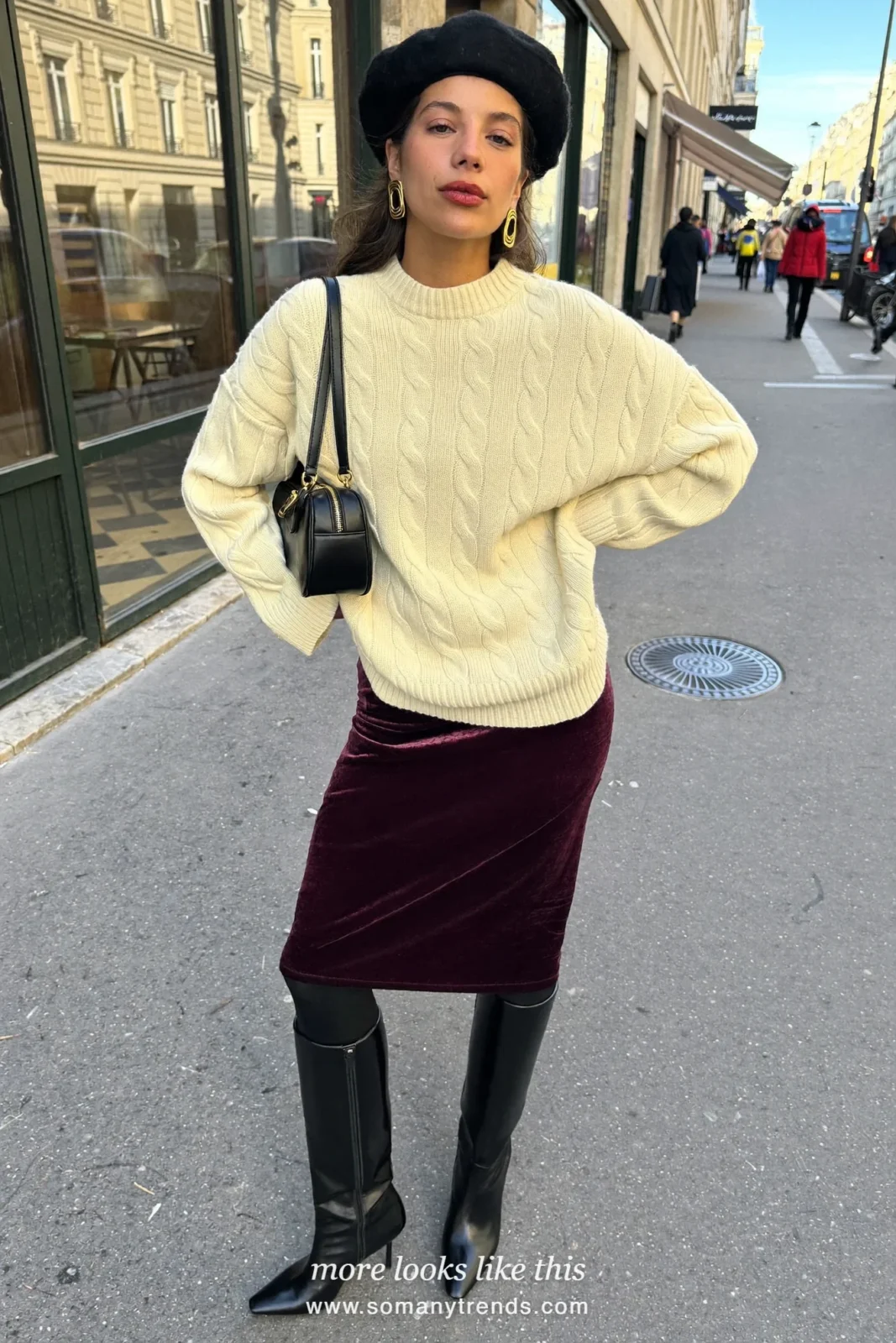 Plum velvet midi skirt, pale butter yellow knit sweater, opaque black tights and pointed black boots, outfit 7