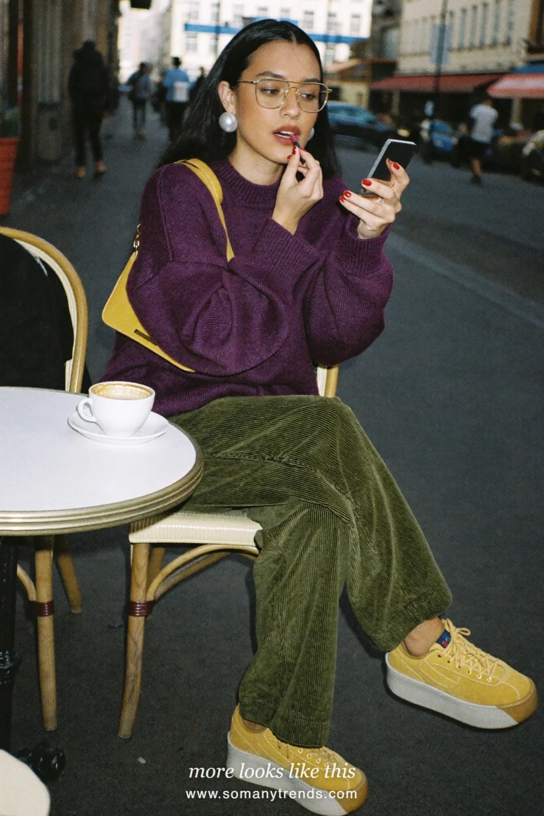 Deep plum knit sweater, olive corduroy wide pants, yellow platform sneakers and mustard shoulder bag, outfit 8