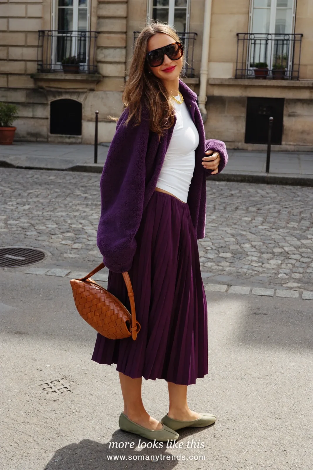 Plum collarless jacket, plum pleated midi skirt, cognac woven bag and sage green flats, outfit 10