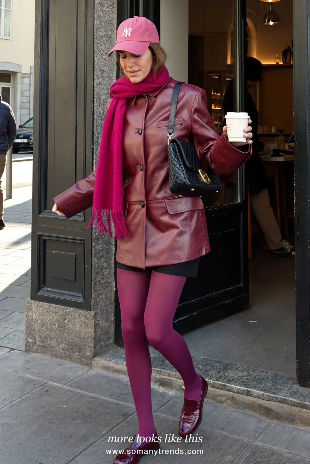 Oxblood leather jacket, deep plum opaque tights, burgundy loafers, magenta fringed scarf and pink baseball cap, outfit 11