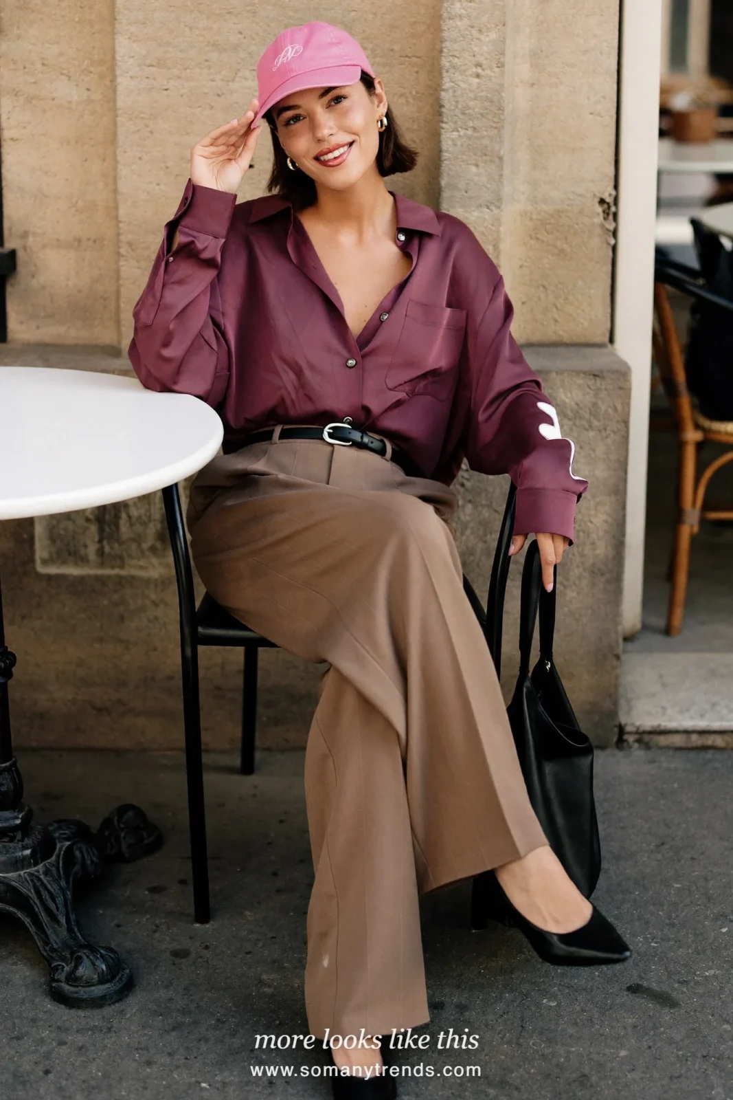 Plum oversized silk shirt, taupe pleated pants, black belt and black pointed flats, outfit 13