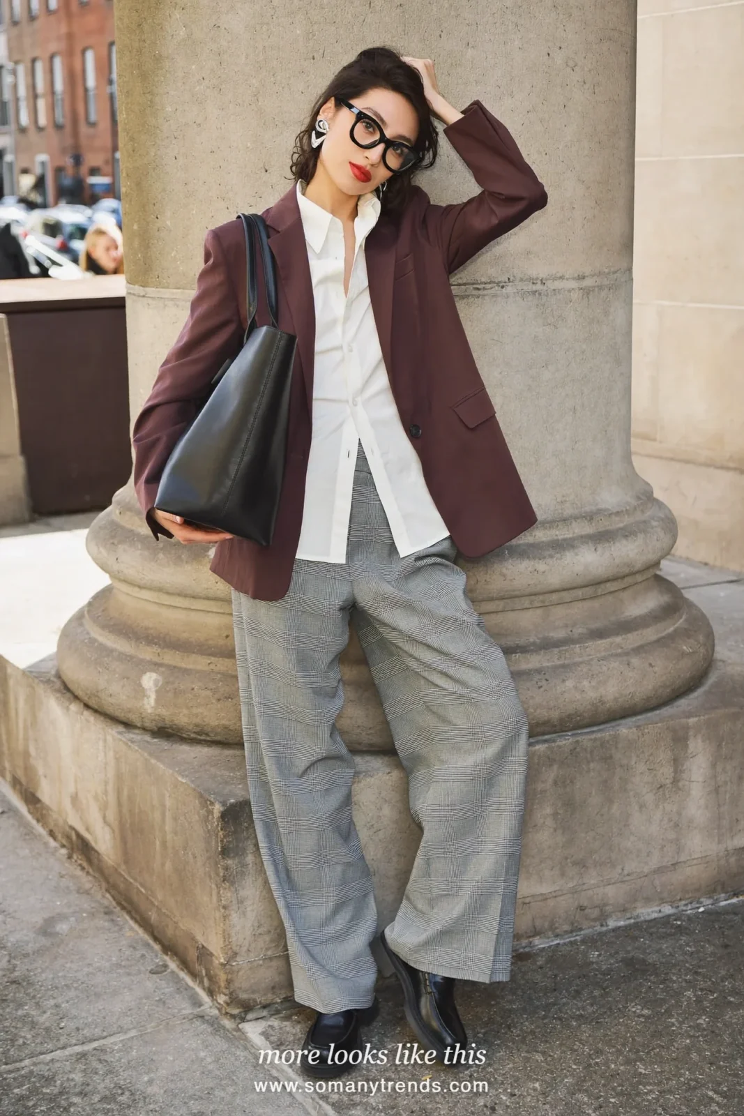 Plum blazer, white shirt, gray flannel wide-leg pants and black loafers, outfit 14
