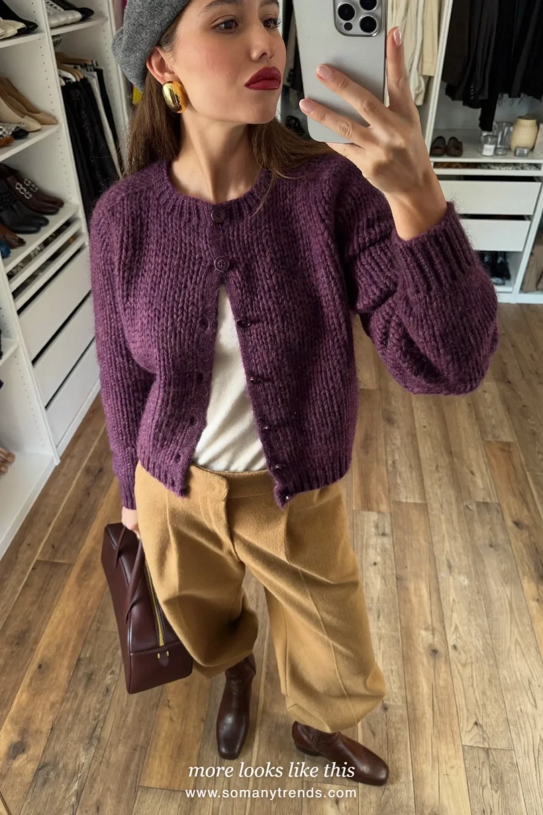 Plum knit cardigan, cream tee, camel wide wool pants and chocolate brown boots, outfit 15