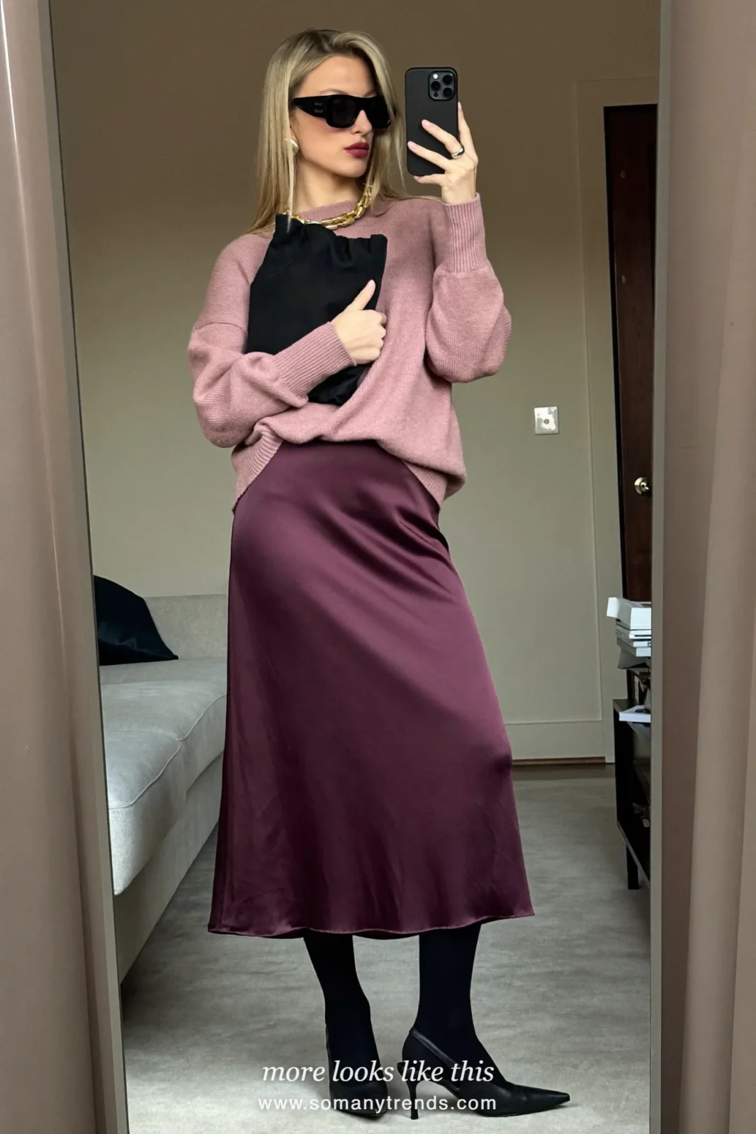 Plum satin midi skirt, dusty pink fine knit sweater, sheer black tights and black slingback pumps, outfit 18