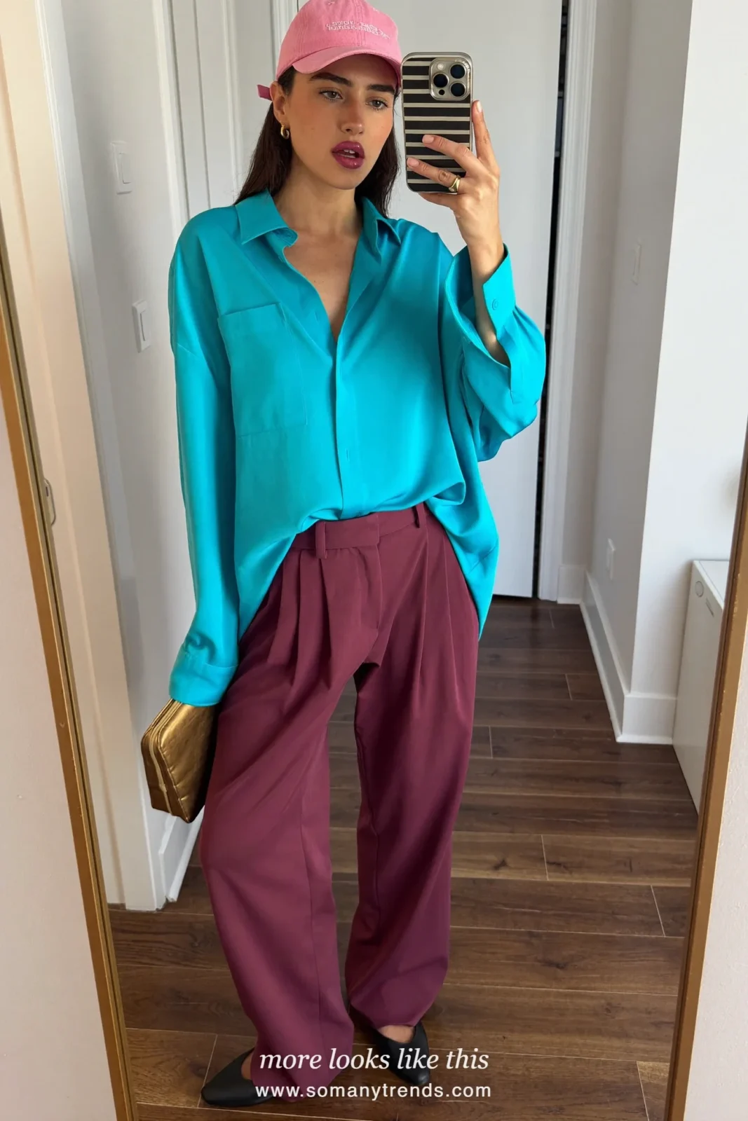 Turquoise silk shirt, plum pleated wide-leg pants and black pointed flats, outfit 21