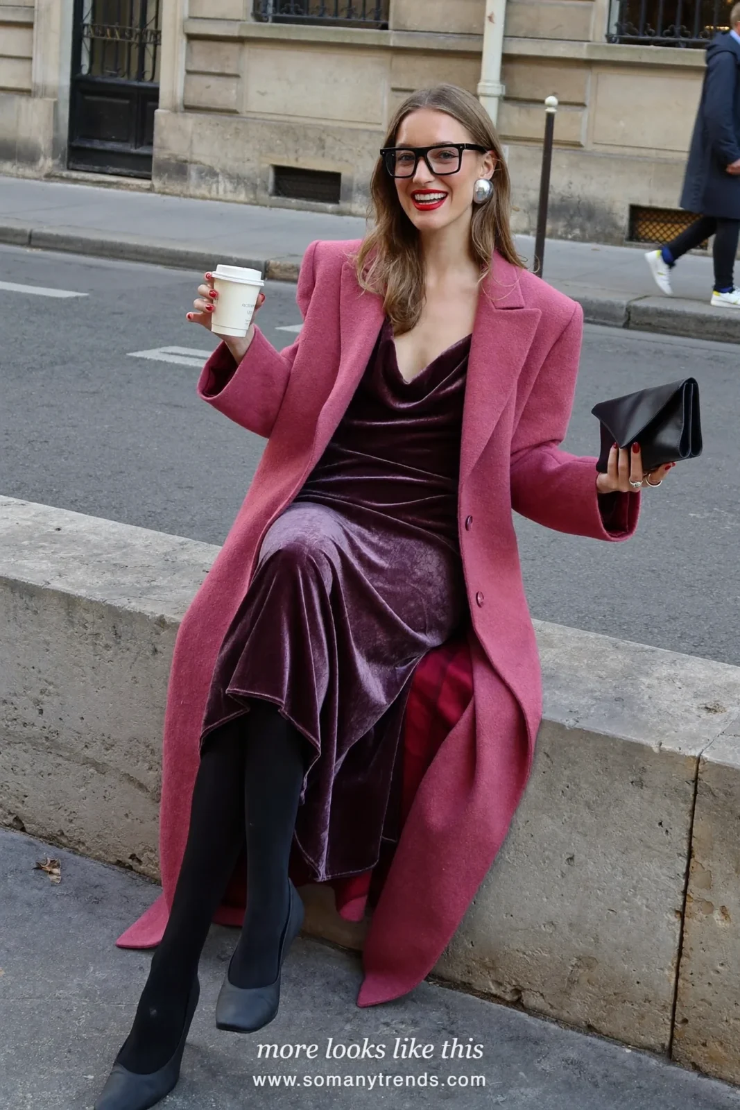 Plum velvet midi dress, dusty pink wool coat, sheer black tights and black pumps, outfit 22