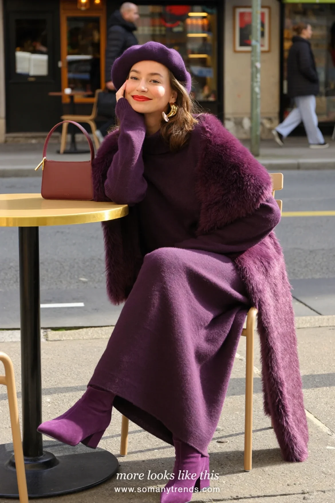 Deep plum turtleneck knit maxi dress, long plum faux-fur stole and plum suede boots, outfit 23