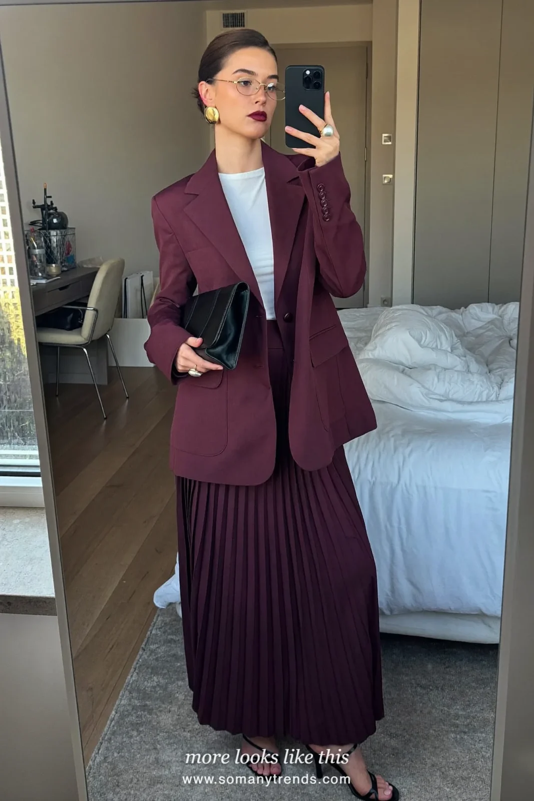 Deep plum blazer, long plum pleated skirt, white top and strappy heels, outfit 24