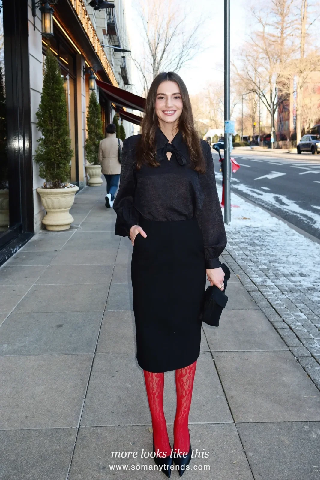 Woman in a black bow-neck blouse, black pencil midi skirt, red lace tights and black pointed pumps, outfit 26