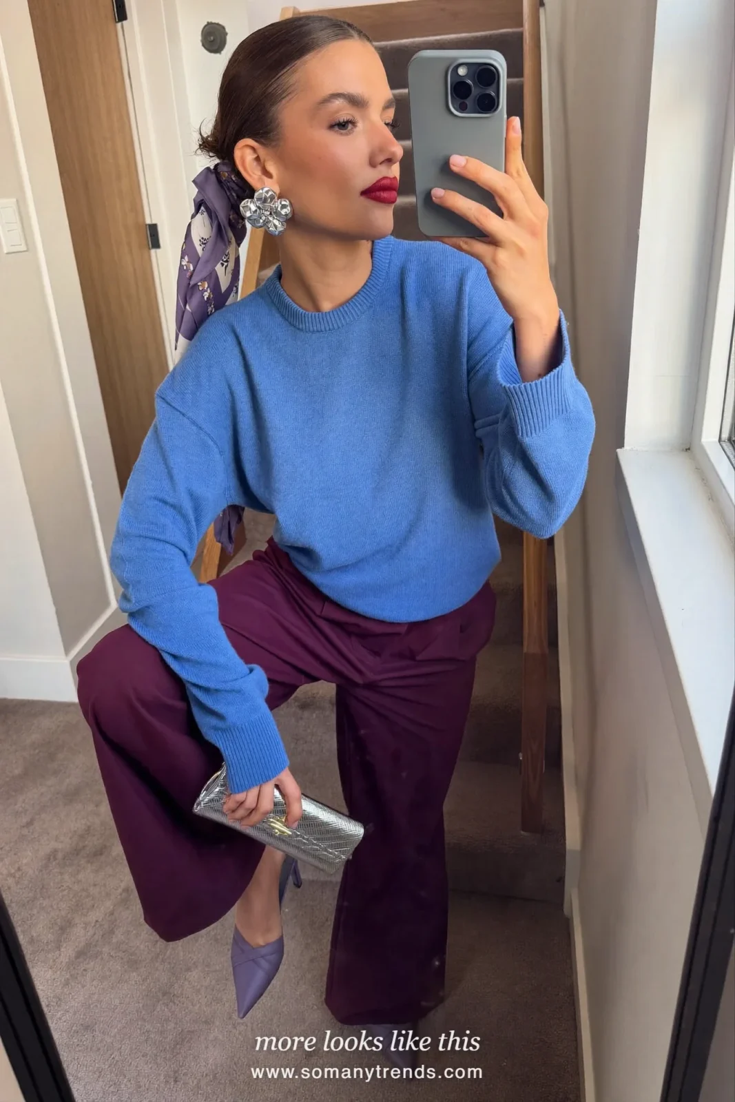 Periwinkle blue knit sweater, deep plum wide-leg pants and lilac pointed heels, outfit 3