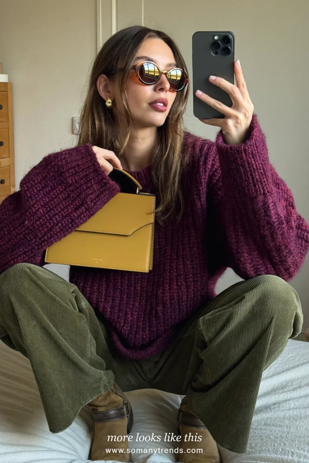 Plum knit sweater, olive corduroy wide-leg pants, mustard bag and brown ankle boots, outfit 9