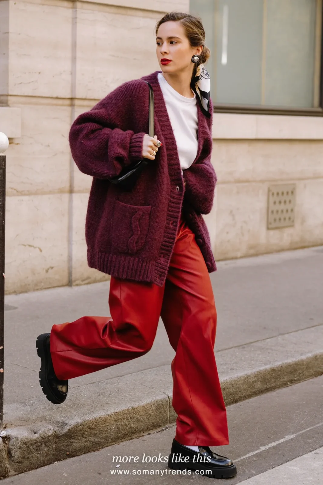 Plum cardigan, white tee, tomato red wide-leg pants and black loafers, outfit 19
