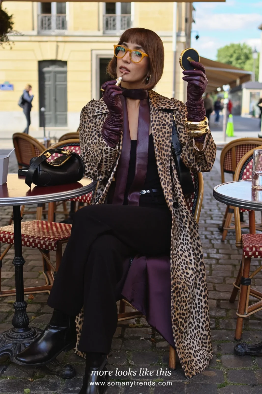 Leopard print coat, plum leather gloves, plum scarf, black pants and black boots, outfit 28