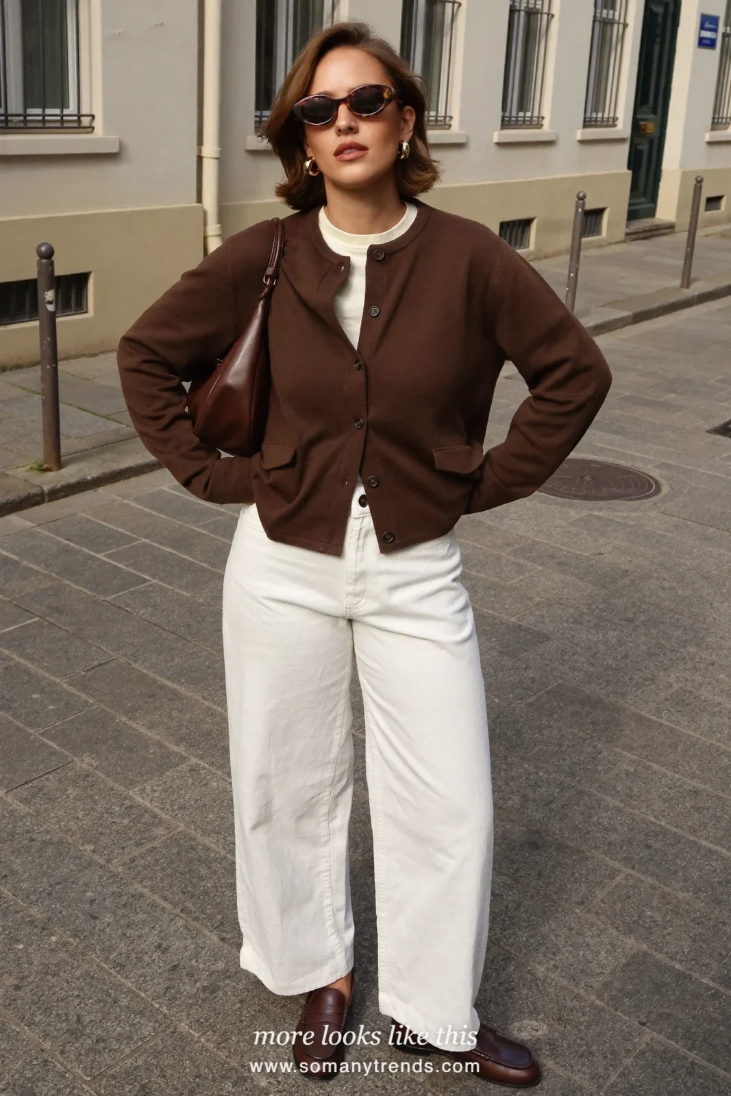 Chocolate brown cardigan over a cream tee with off-white straight jeans and cognac loafers, outfit 17