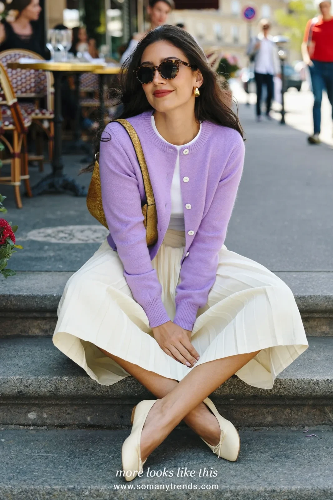 Lilac cardigan over a white tee with a cream pleated midi skirt and cream ballet flats, outfit 25