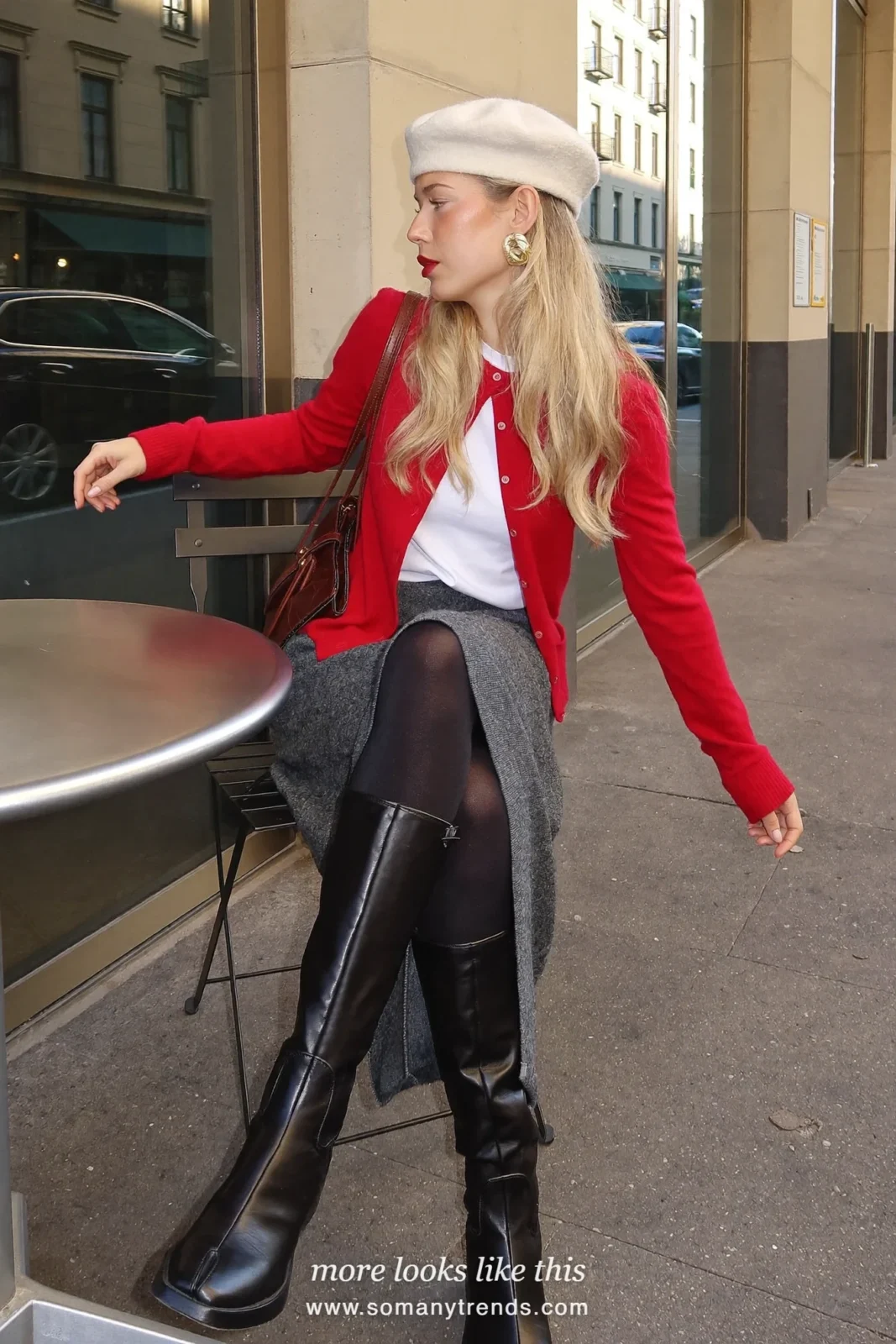 Red cardigan over a white tee with a gray wool midi skirt and tall black boots, outfit 23