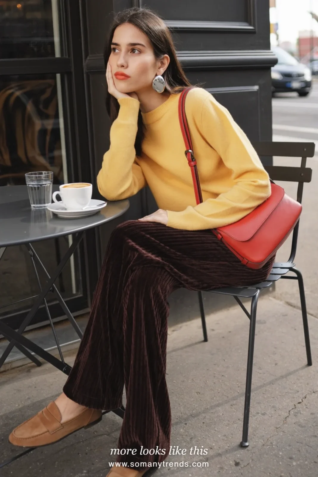 Woman in dark chocolate brown velvet wide pleated pants, butter yellow knit sweater, cherry red leather bag and tan loafers, outfit 6