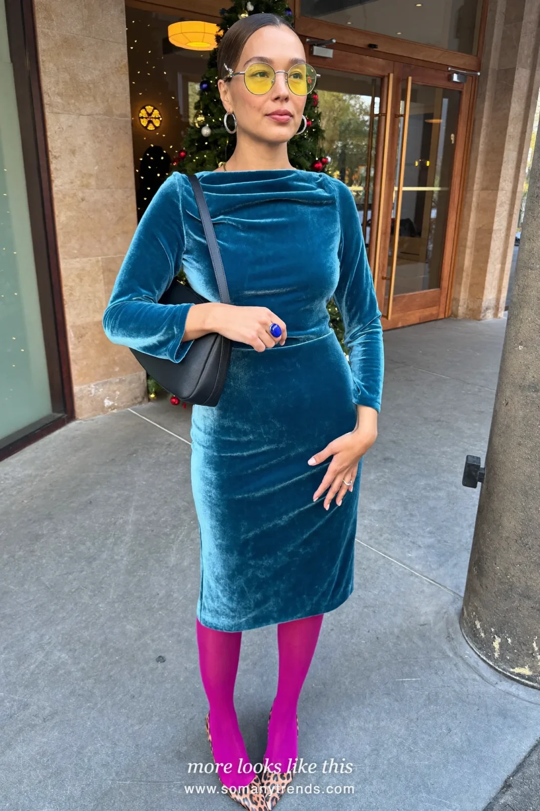 Woman in a teal velvet midi dress, fuchsia opaque tights and leopard print pointed pumps, outfit 8