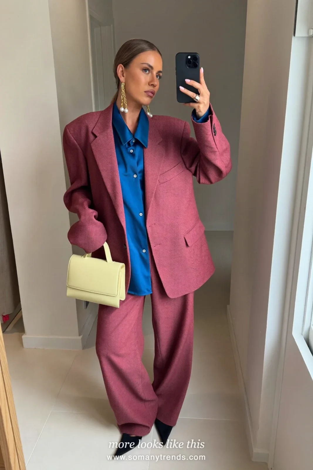 Old rose pink wool blazer and wide pants, cobalt blue satin shirt, black pointed flats and butter yellow top-handle bag, outfit 3