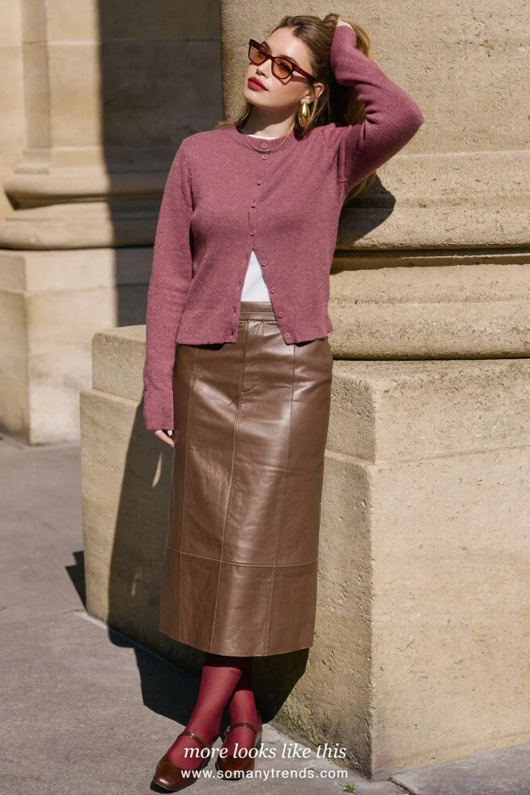 Old rose pink cashmere cardigan, chocolate brown leather midi skirt, cherry red opaque tights and brown patent Mary Janes, outfit 4