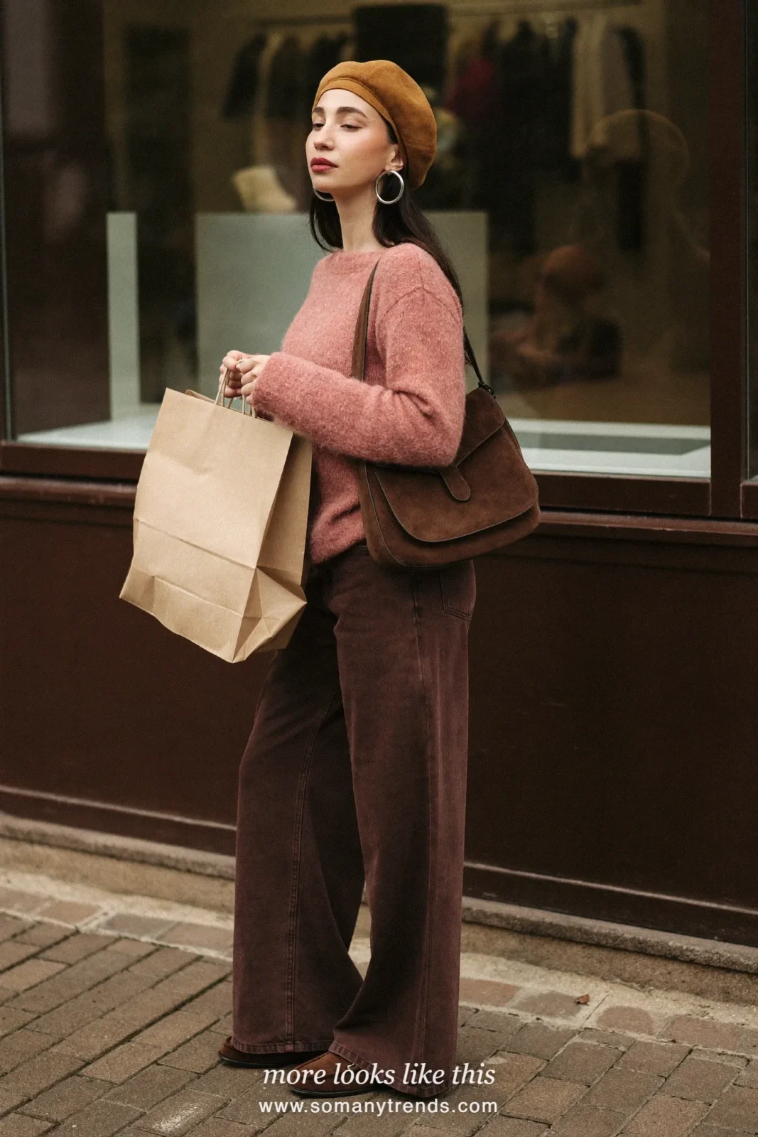 Old rose pink cashmere sweater, chocolate brown wide pants, brown loafers and chocolate suede bag, outfit 5