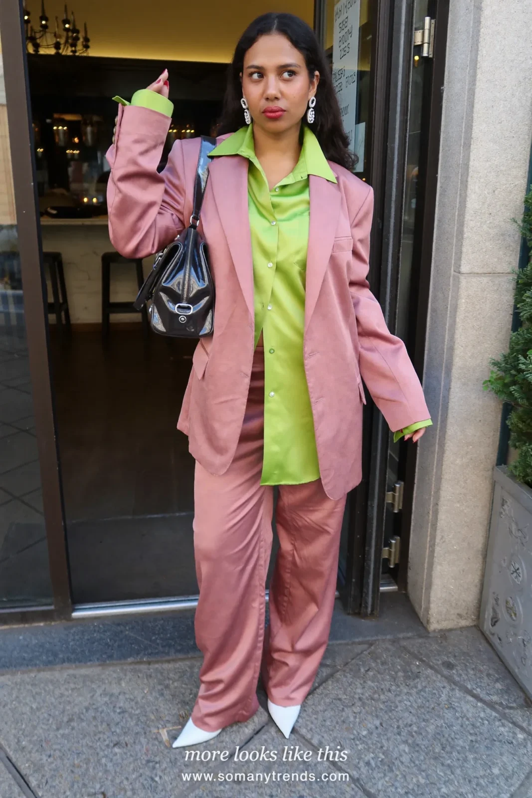Old rose pink satin blazer and flared pants, lime green silk shirt, white pointed pumps and black shoulder bag, outfit 8