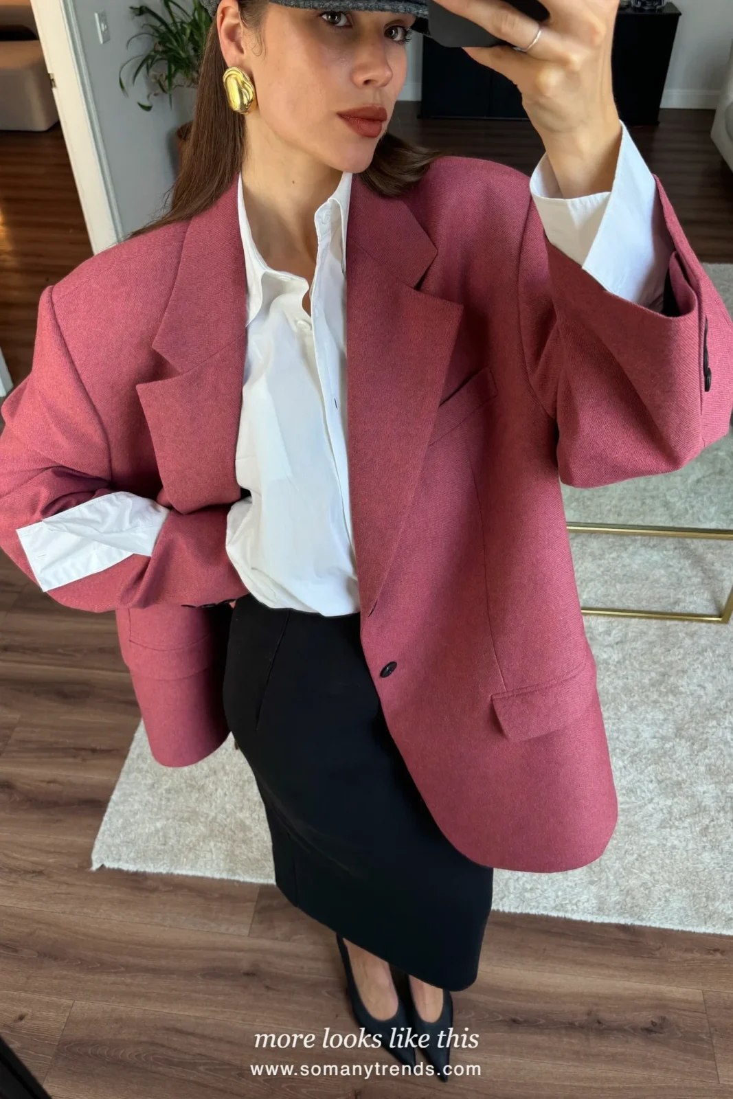 Old rose pink wool blazer, white shirt, black midi pencil skirt and black pumps, outfit 9