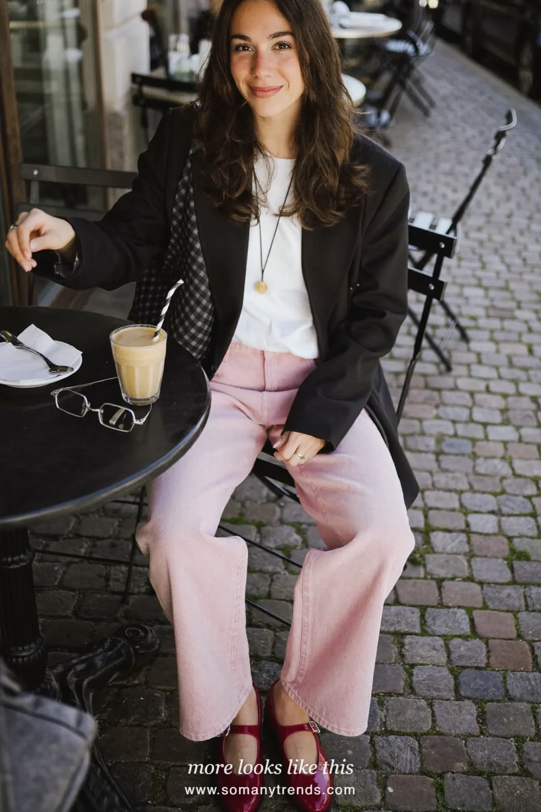 Pale old rose pink straight jeans, white tee, black blazer and red patent Mary Janes, outfit 10