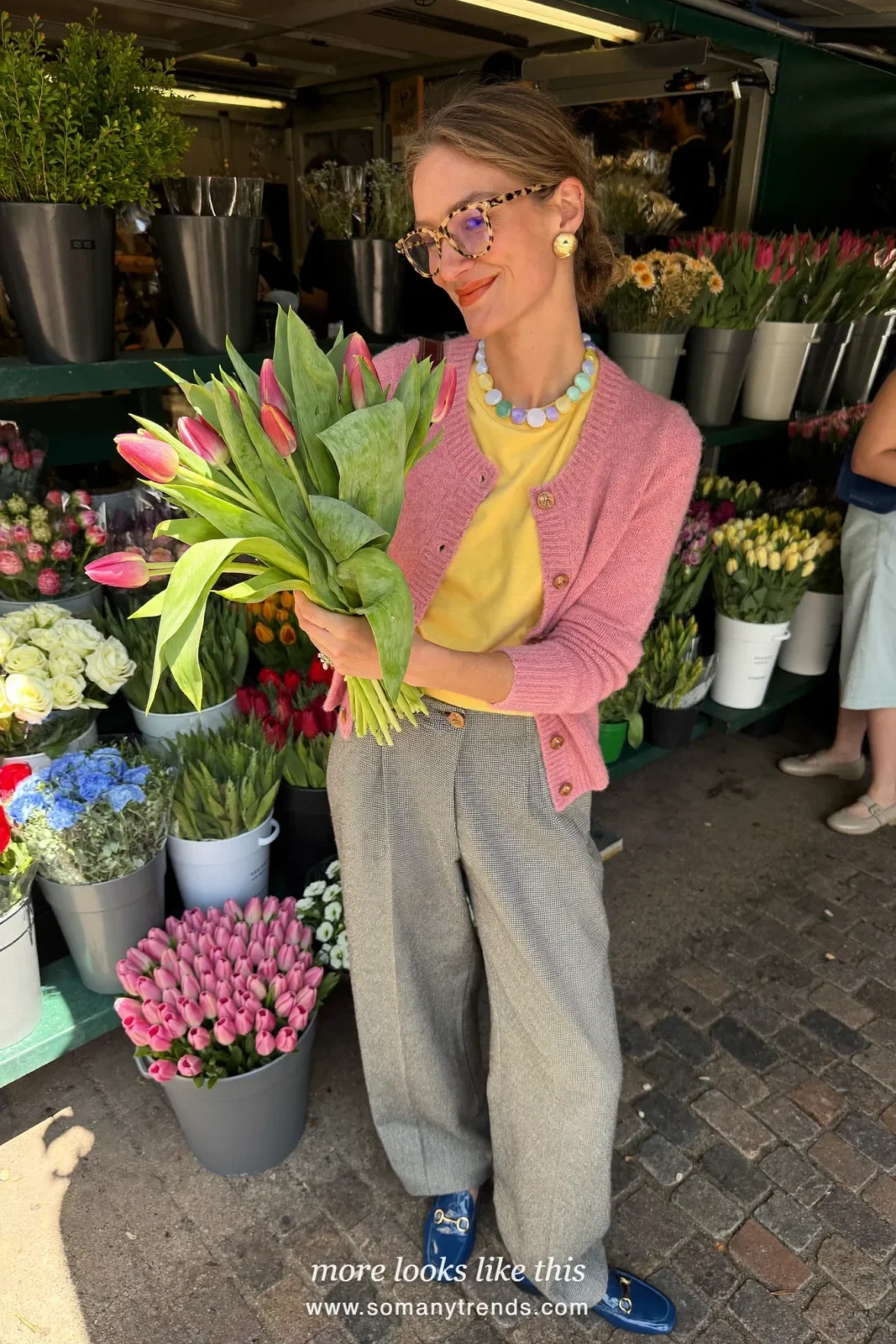 Old rose pink mohair cardigan, butter yellow tee, gray flannel wide pants and cobalt blue patent loafers, outfit 11