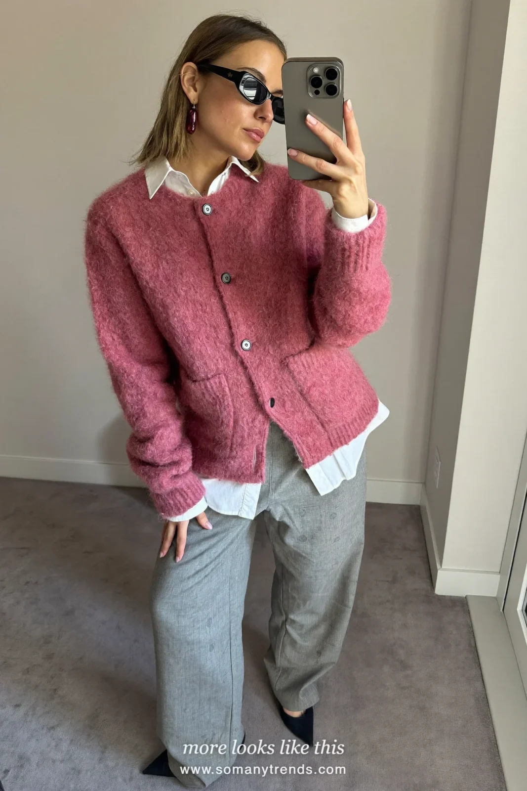 Old rose pink mohair cardigan, white shirt, gray flannel pants and black pumps, outfit 12