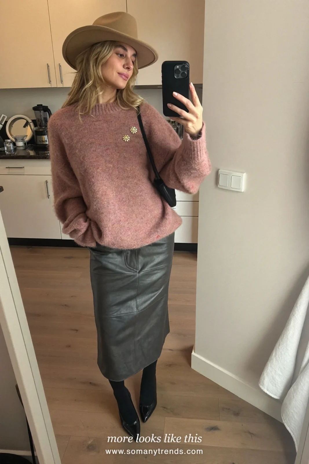 Old rose pink cashmere sweater, charcoal gray leather midi skirt, cherry red opaque tights and black patent pumps, outfit 15