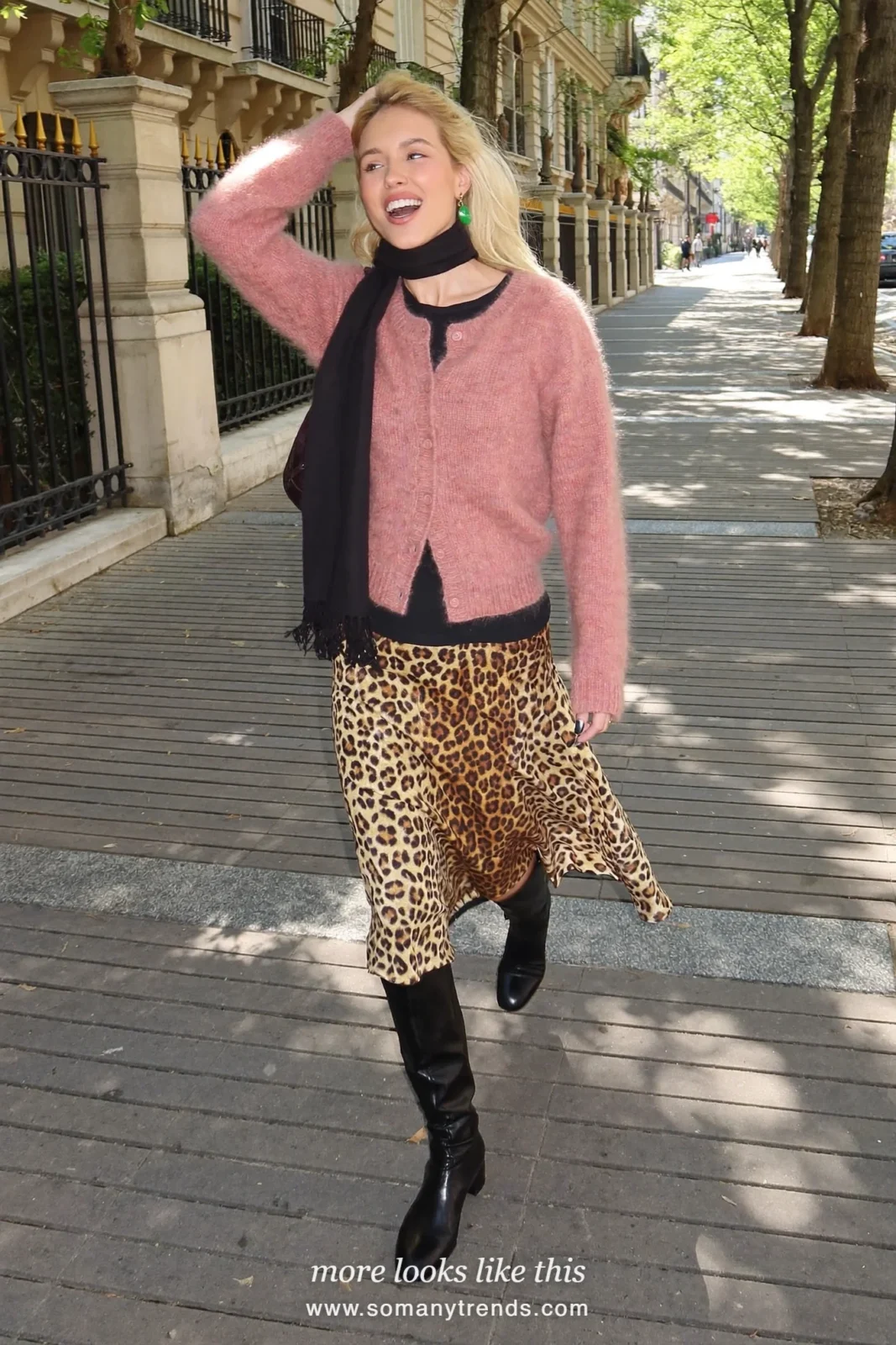 Old rose pink cashmere cardigan, black tee, leopard-print midi skirt and black boots, outfit 16