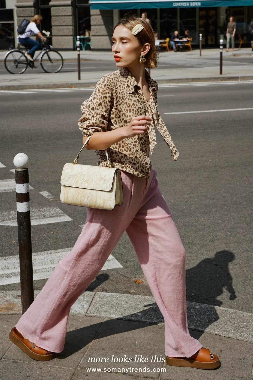 Leopard-print blouse, old rose pink wide linen pants, tan sandals and cream bag, outfit 17