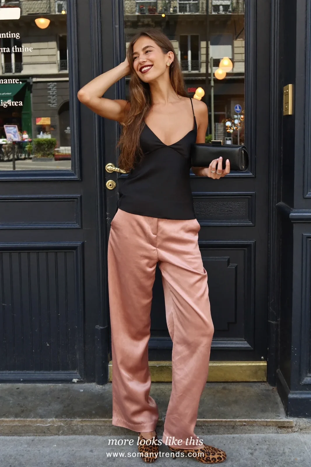 Black cami, old rose pink satin wide pants, leopard-print mules and black clutch, outfit 20