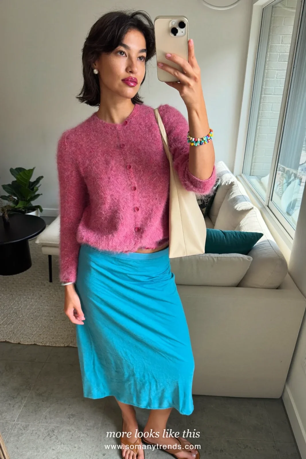 Old rose pink cashmere cardigan, turquoise satin midi skirt and tan flat sandals, outfit 21