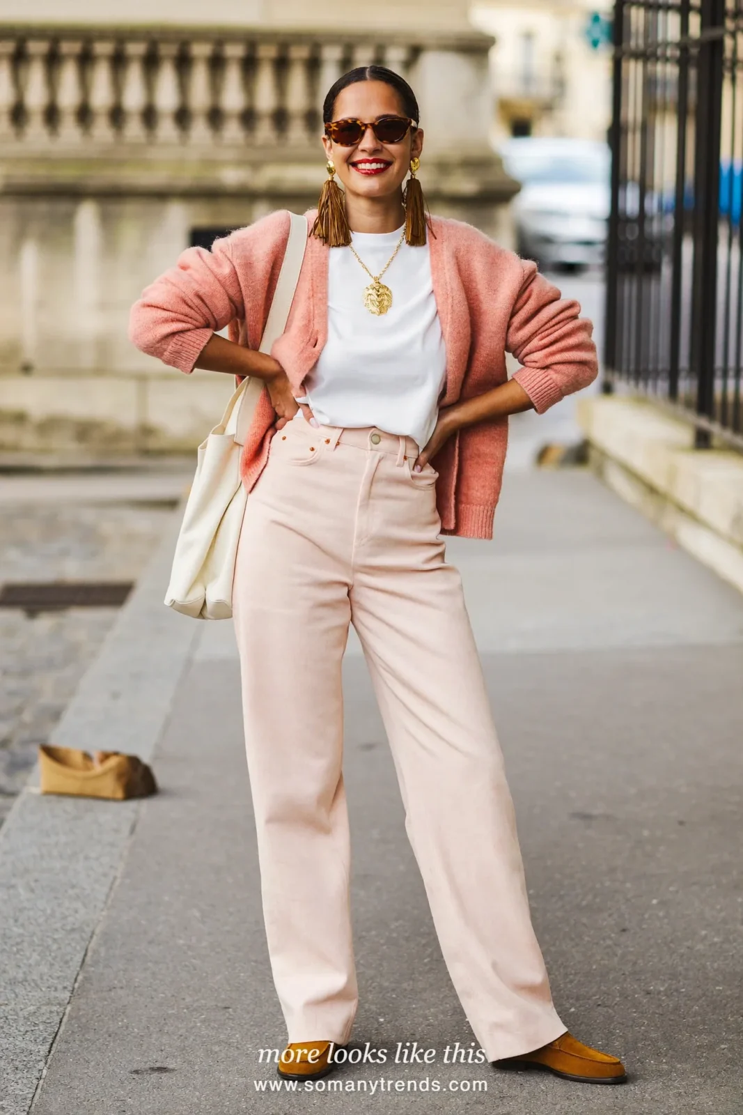 Old rose pink cashmere cardigan, white tee, cream wide pants and tan loafers, outfit 25