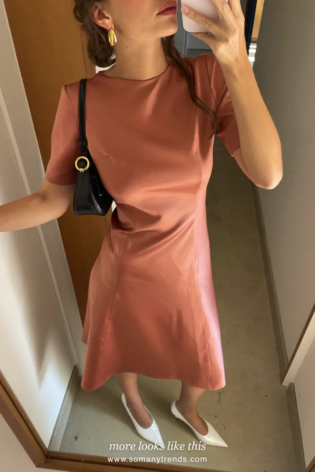 Old rose pink satin midi dress, white pointed heels and small black bag, outfit 27