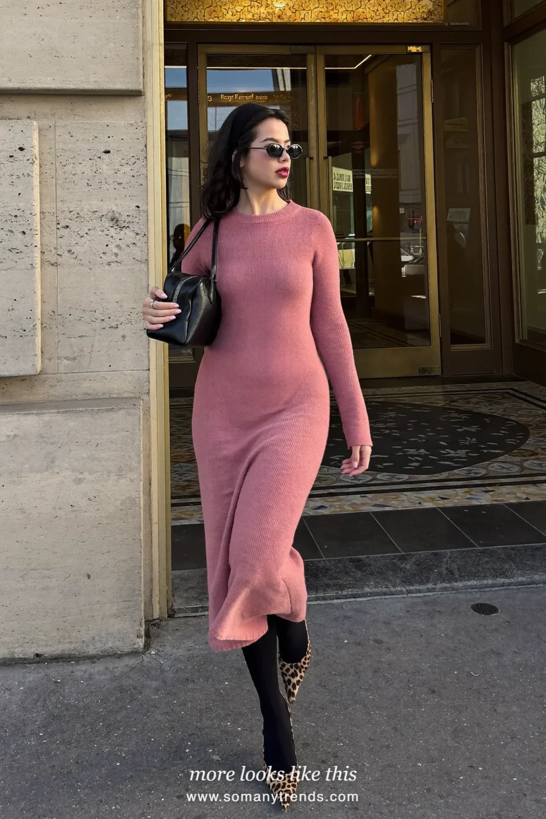 Old rose pink knit midi dress, black opaque tights, leopard-print pointed pumps and black bag, outfit 7