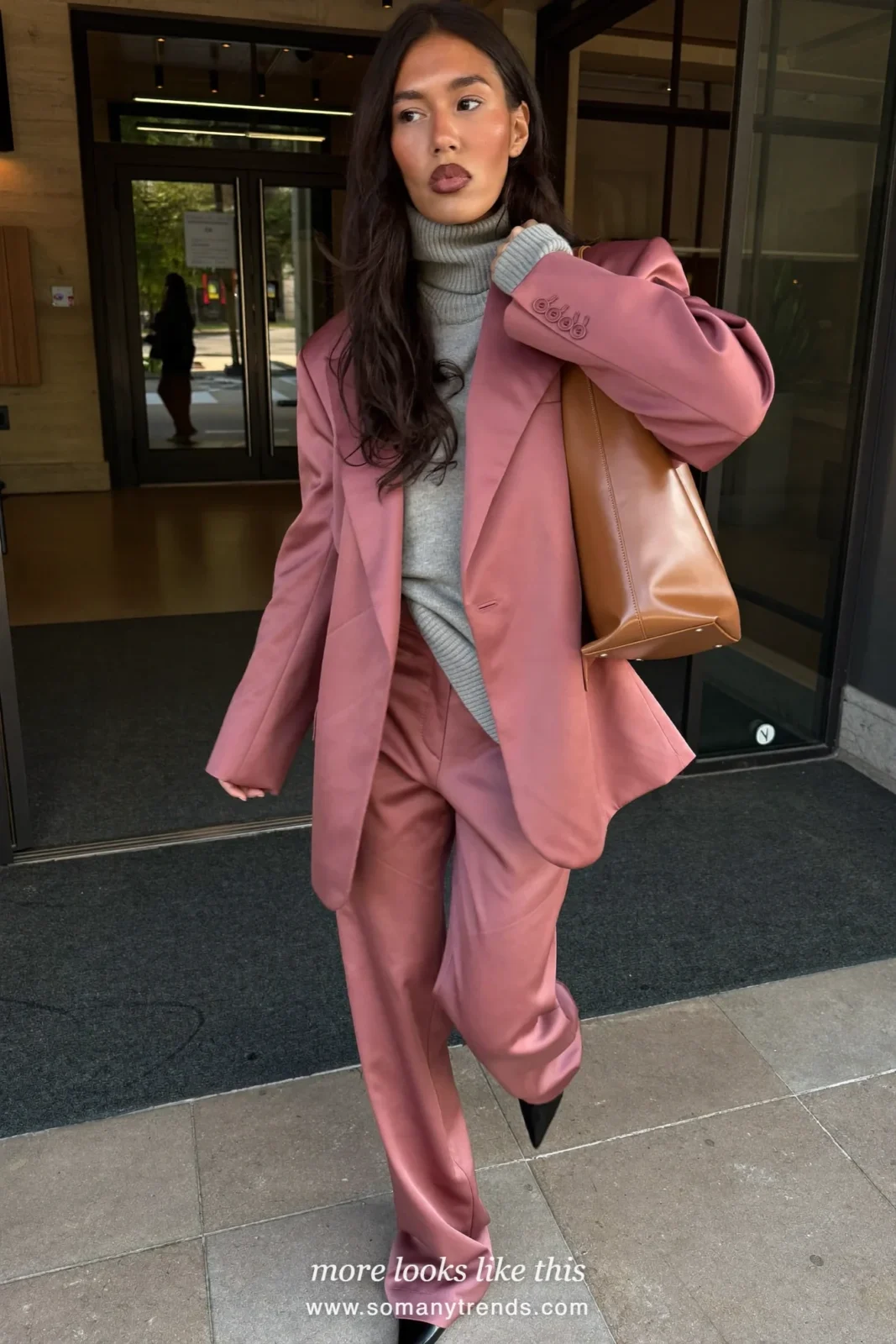 Old rose pink satin blazer and flared pants, gray turtleneck, black pointed flats and tan tote, outfit 14