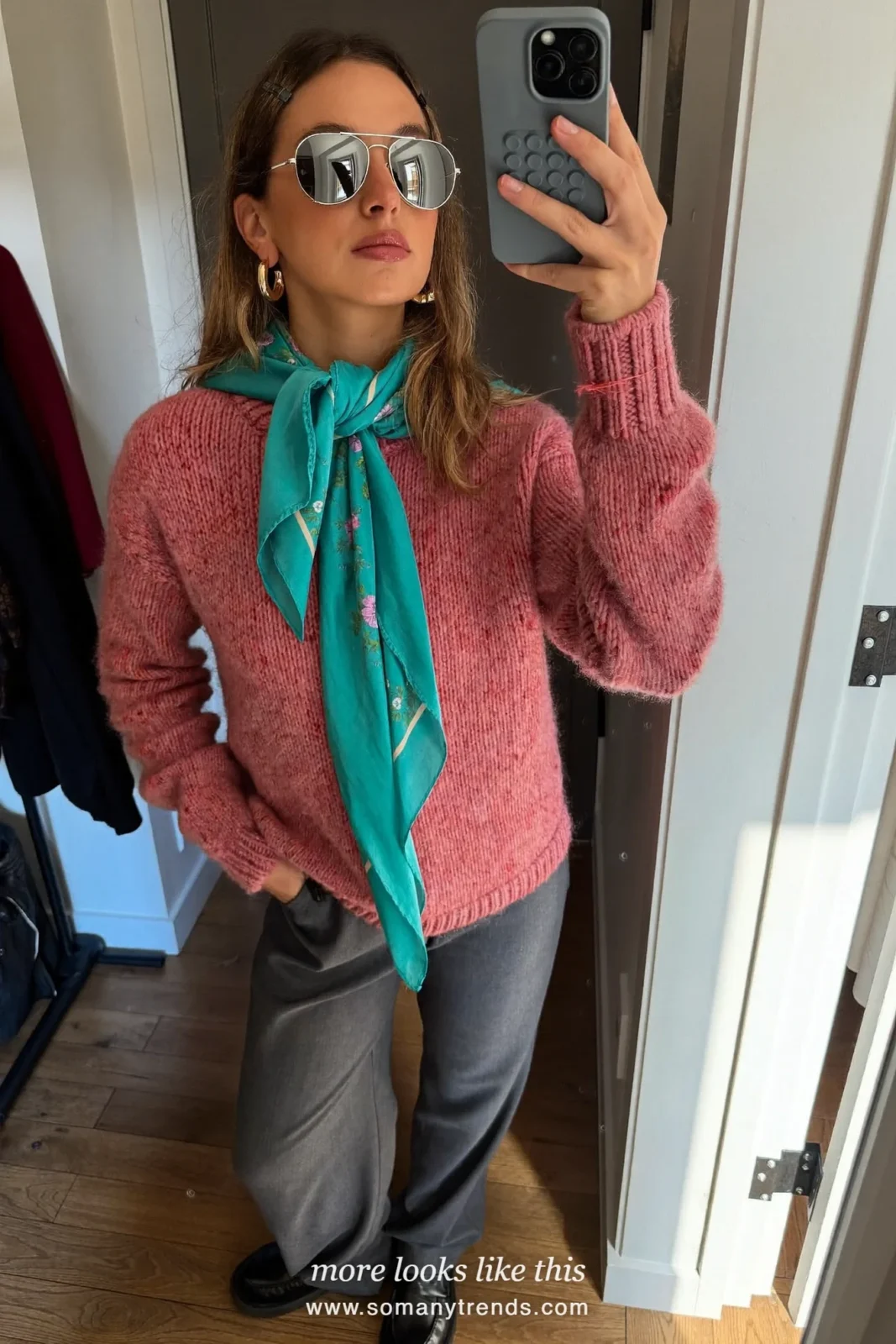 Old rose pink knit sweater, turquoise silk scarf, gray wide pants and black loafers, outfit 24